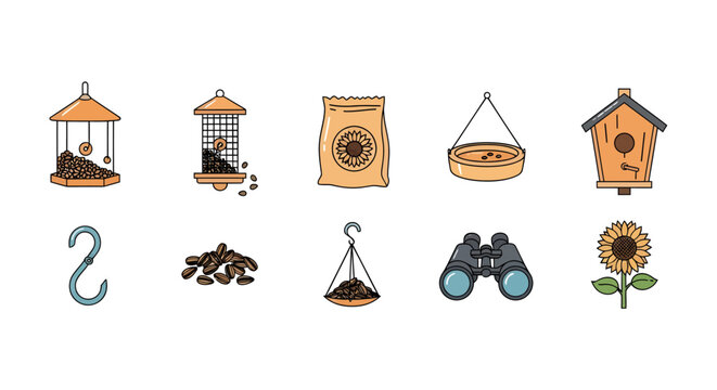Collection of cartoon-style bird feeders, seeds, sunflower, binoculars, hook, and sunflower illustration for outdoor, garden, nature, wildlife, and birdwatching themes