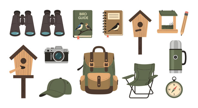 Huntingbirdinggearsetset including binoculars bird guides notebooks and camping equipment - outdoor nature adventure essentials for wildlife lovers