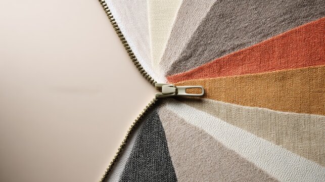 Textile color palette zipper revealing textured fabric swatches for design background and product mockup