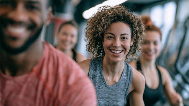 Energetic group of fitness enthusiasts exercising together in a gym. Their smiles and determination highlight the positive atmosphere and commitment to health and well-being.