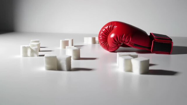 Stop motion animation showing a red boxing glove knocking out sugar cubes on a white background, symbolizing the fight against excessive sugar consumption