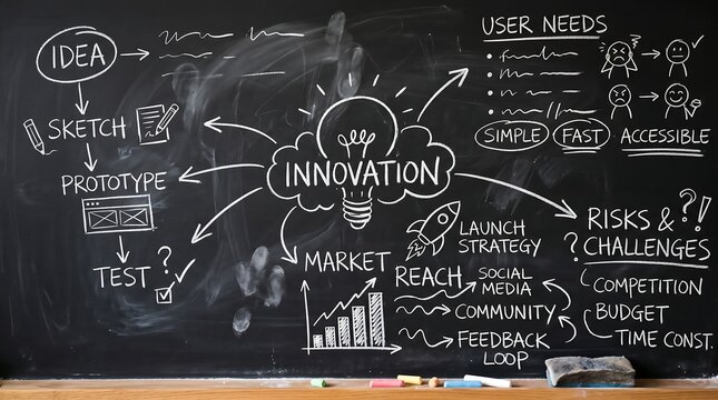 A detailed business strategy mind map drawn in white chalk on a black board, illustrating the innovation process, user needs, market reach, and project risks