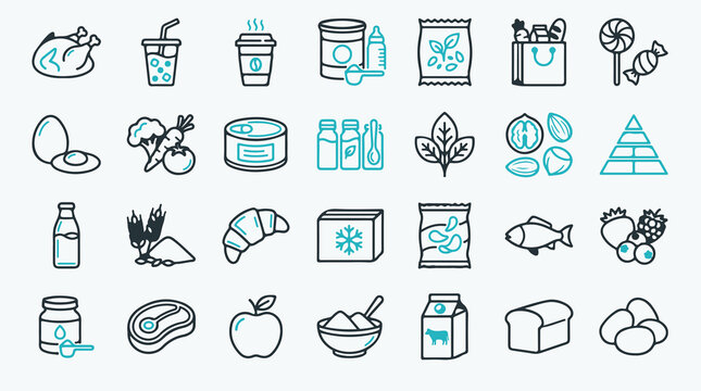 Food, drinks, and grocery line icons set. Supermarket products, nutrition, and eating outline vector symbols.