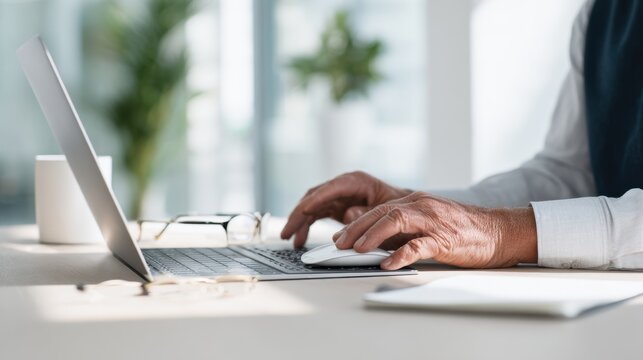 Senior hands using laptop and mouse for remote work business concept for website banner and marketing design