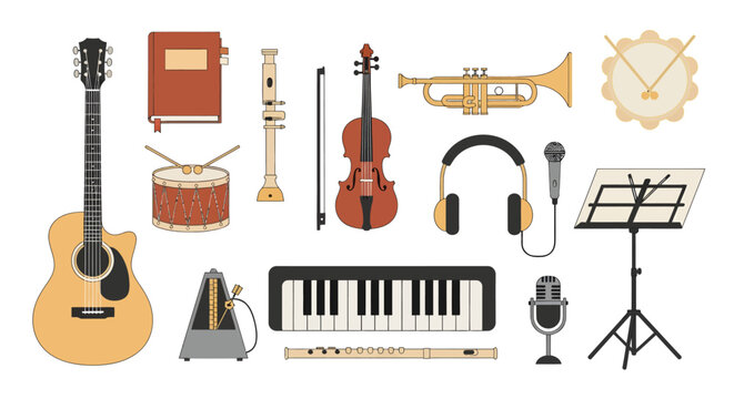 Music studio objects including guitar microphone keyboard violin drum sheet music headphones trumpet music stand