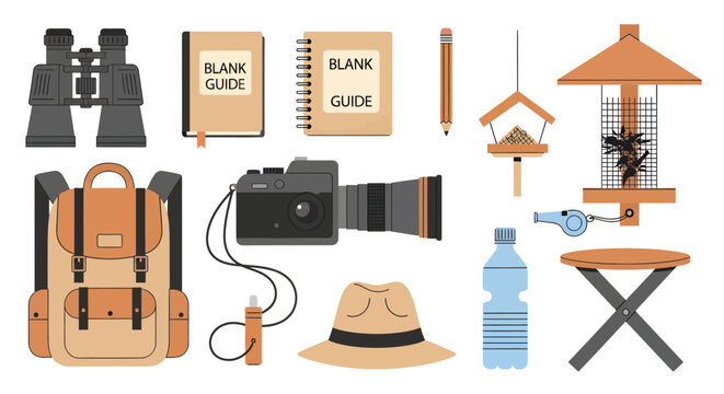 Outdoor nature photography equipment and gear set, including binoculars, guidebooks, camera, backpack, hat, water bottle, flashlight, and bird feeders, ideal for birdwatching