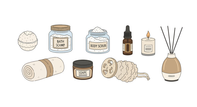 Spa and wellness set with bath salts soap candle diffuser essential oils and loofah for relaxation and self-care routines