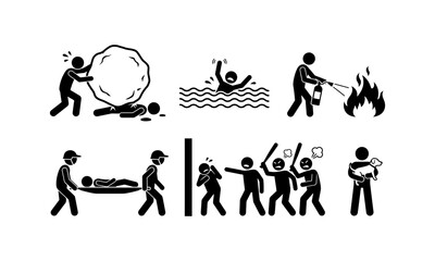 Obraz premium Illustrative icons showing emergency rescue and first aid actions in black and white