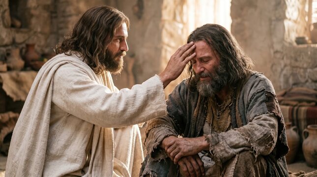 Jesus healing a sick man in a stone room. Biblical scene of compassion and miracle. Jesus touching the forehead of a suffering leper