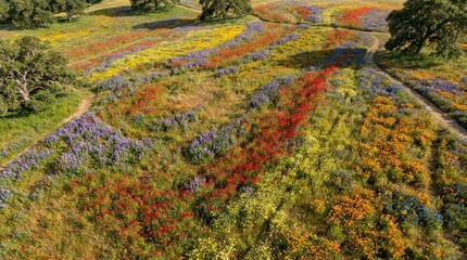 Fototapeta premium Wildflower field aerial photography with colorful blooms and winding dirt path