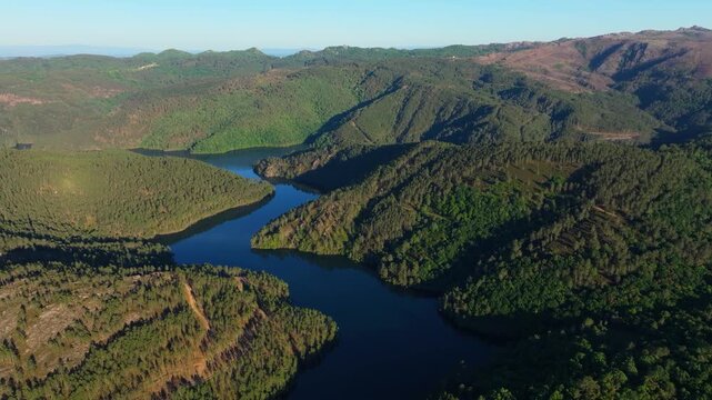 Aerial View Of Avia River Valley At Mirador de San Vicente In Avi&oacute;n, Ourense, Galicia, Spain.