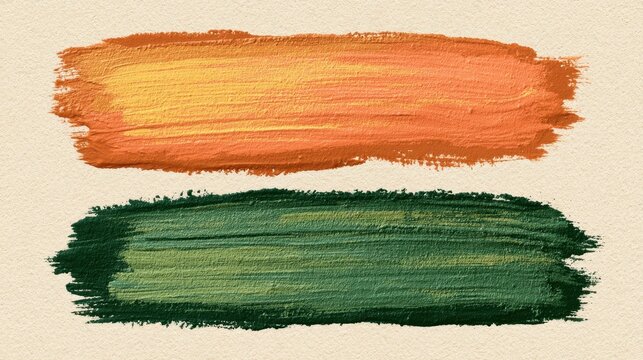 Impasto Oil Paint Two Horizontal Brushstrokes Warm Orange Golden Yellow Cool Forest Green Dark Teal Gradient Texture Beige Canvas Minimalist Color Field Warm Cool Contrast Art Background