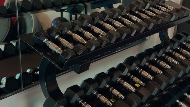 Slow diagonal pan across dumbbell racks in an indoor gym.
