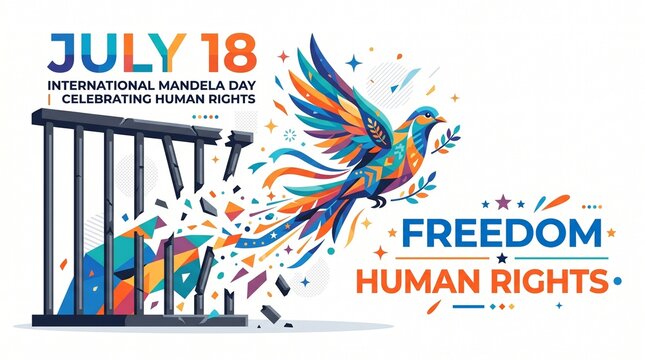 International Nelson Mandela Day July 18 Freedom Human Rights Dove Breaking Prison Bars Vector Illustration