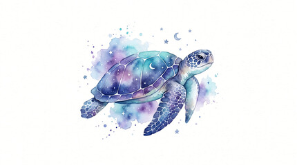Fototapeta premium Majestic Sea Turtle Artistic Watercolor Illustration Featuring Galaxy Inspired Space Patterns and Celestial Motifs on a Pristine White Background