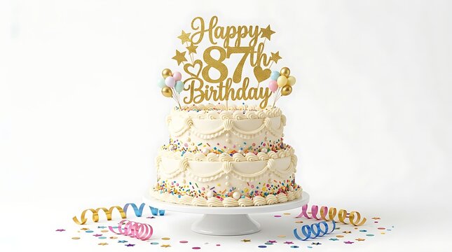 Eighty seventh birthday cake with gold topper and colorful sprinkles