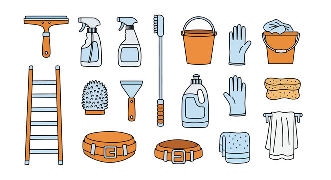 Cleaning and household tools set with spray bottles sponge mop brush bucket gloves ladder and towels for home cleaning and maintenance