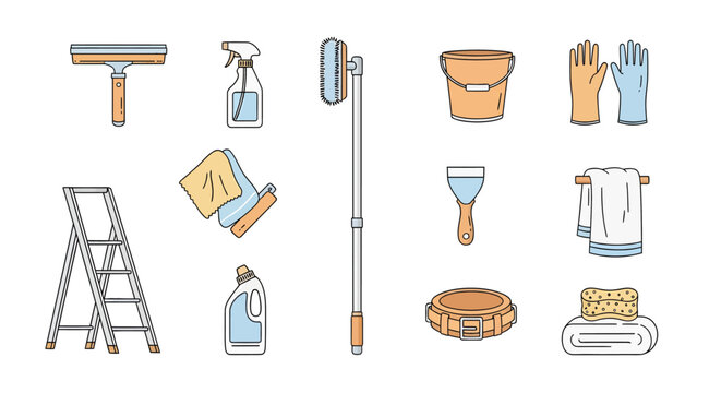 Cleaning tools and supplies set for home cleaning, including mop, spray bottle, scrub brush, bucket, gloves, ladder, sponge, and towels - perfect for housekeeping and maintenance