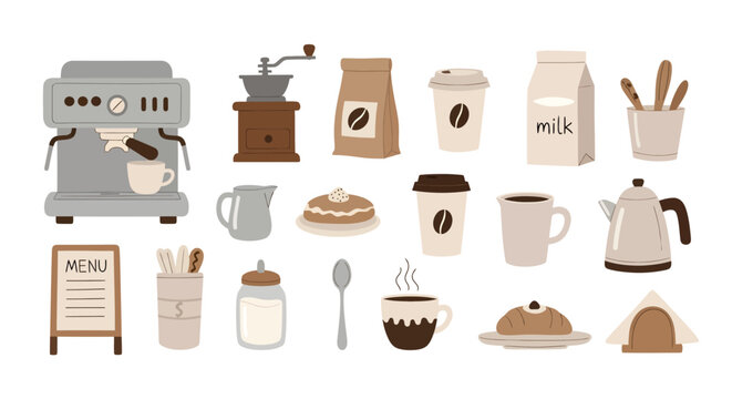 Coffee shop scene with espresso machine coffee cups and baked goods, illustration for cafe menu, breakfast, bakery, beverage, drink, food, morning, snack, delicious, hot, caffeine, java