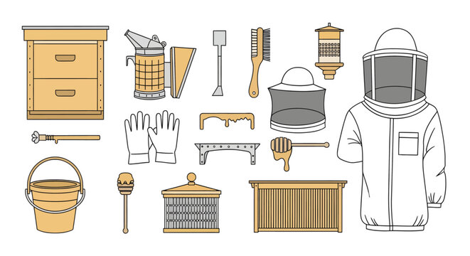 Collection of beekeeping equipment and safety gear for apiary professionals, including hive tools, smoker, gloves, bee suit, and hive frames for sustainable honey production