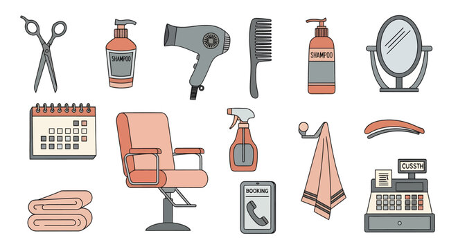 Haircare and beauty tools illustrated set including scissors combs shampoo mirrors chairs tables and appointment book for salon or spa usage