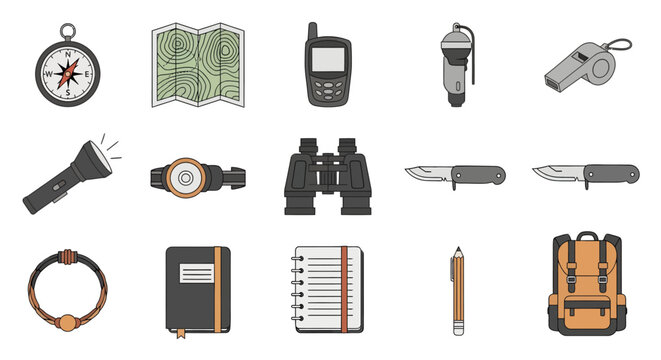 Hiking and outdoor gear collection including compass map phone flashlight whistle petroglyph binoculars notebook knife hiking stick backpack