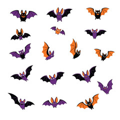 Fototapeta premium Assorted cartoon bat characters for halloween, featuring diverse expressions and poses in orange, purple, and black colors on white background