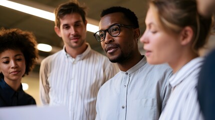 Obraz premium A diverse group of professionals gathered closely around a document or screen engaged in focused discussion