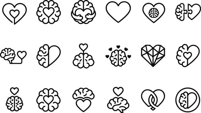 Brain and heart line icons set