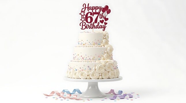 Elegant three tier birthday cake with 'happy 67th birthday' cake topper