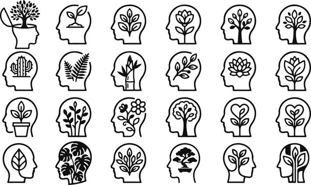 Black line icons of human heads with plants growing out of them