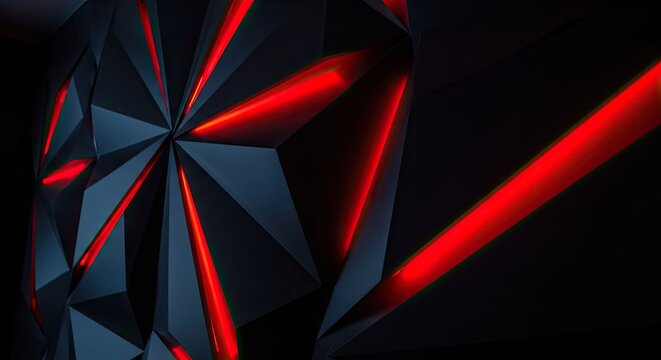 Abstract black geometric polygons with red neon light.