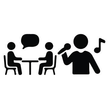 Entertainment icons set featuring a conversational dialogue scene and a singer performing with a microphone