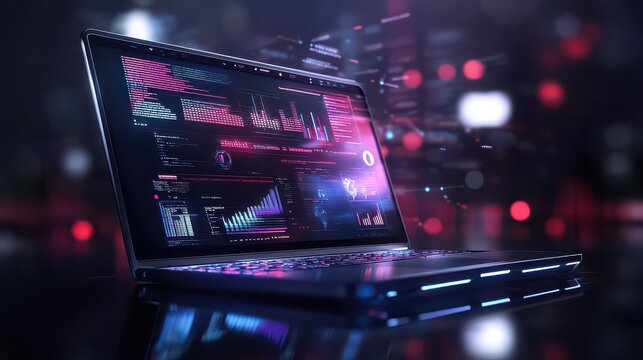 Laptop displays complex financial data analytics and performance metrics with vibrant red and blue graphs to visualize market trends and business growth in a professional digital environment setting.