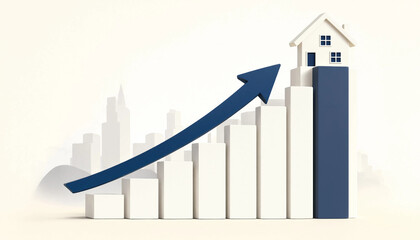 Fototapeta premium Minimalist Real Estate Market Growth Concept with House on Rising Bar Chart Arrow