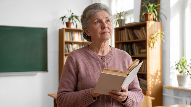 Thoughtful senior female teacher holding open book. Experienced educator standing in bright classroom with bookshelves and chalkboard.