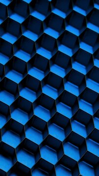 Blue hexagonal grid. 3D honeycomb pattern in deep blue tones with perspective depth, slow camera movement across the surface. Ideal for tech, modern and abstract backgrounds. 