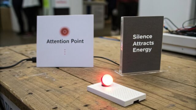 Engaging Display with Illuminated Point and Thought-Provoking Messages on a Wooden Table at an Art Exhibit
