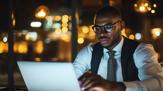 Businessman wearing a waistcoat and tie types on a laptop while sitting in a modern office space with beautiful golden bokeh lights glowing in the dark background during a late evening session.