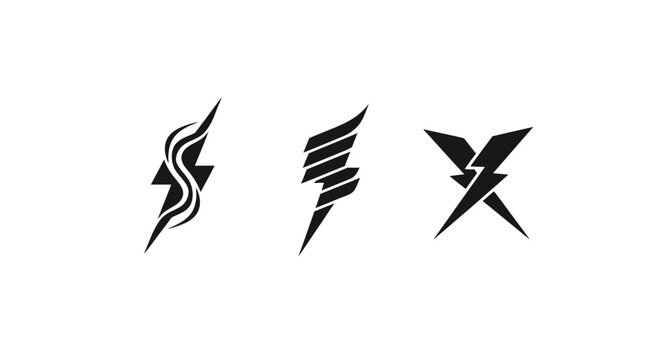 Three abstract black lightning bolt symbols isolated.