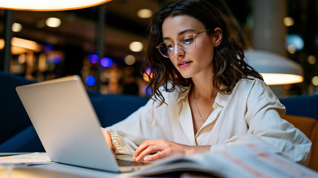 A freelance content strategist drafts a project scope addendum on her laptop in a quiet library work pod, her annotated original contract and client brief open beside her, the careful revision proce