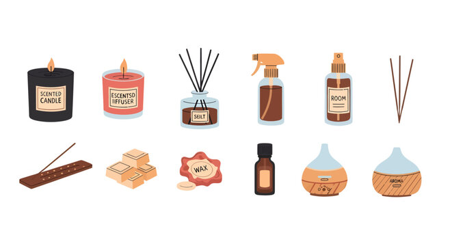Decorative home fragrance set with candles, reed diffusers, essential oils, and aroma diffusers for creating cozy ambiance and relaxing environment
