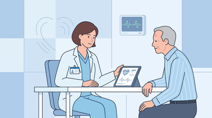 Fototapeta premium Doctor consulting patient about heart health on tablet in clinic.