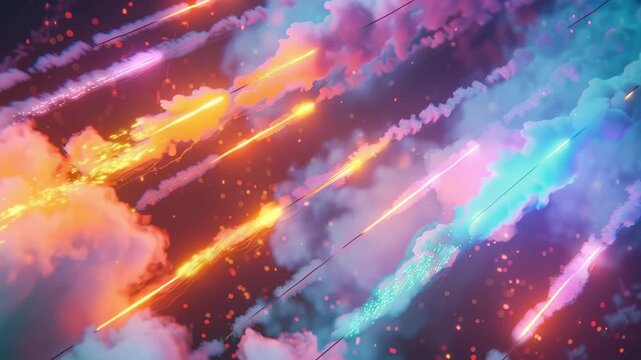 Vibrant cosmic light streak in pink, orange and blue sweeping across a dark sky, dreamy galaxy motion, colorful nebula, magical space energy.