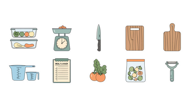 Kitchen tools and fresh vegetables illustrated set for cooking, meal prep, kitchen decor, and culinary themes, including chopping boards, knives, scales, measuring cups, and vegetables