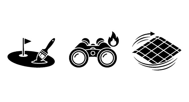 Black and white icons of golf painting binoculars fire and solar panel.