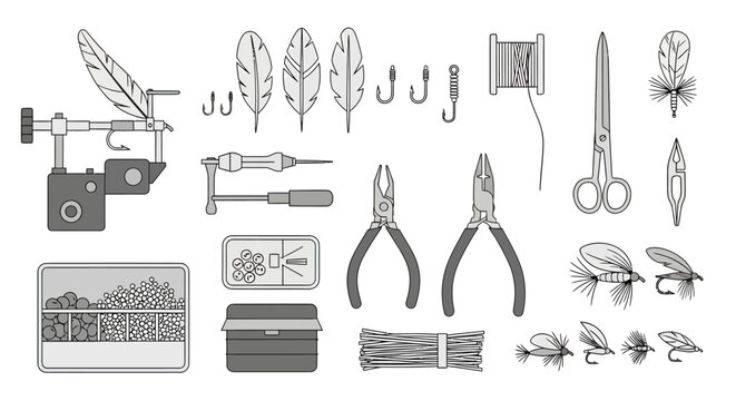 Fishing lures hooks lines and tools set for bait casting and fly fishing, outdoor angler equipment, bait preparation and tackle box essentials