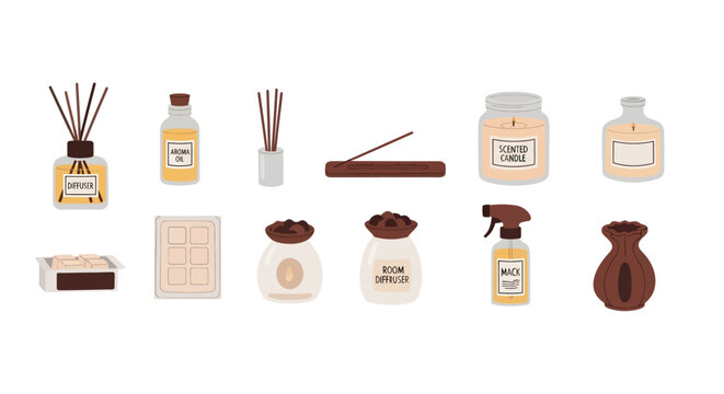 Assorted aromatherapy and home fragrance items including diffusers candles oils and decorative jars for relaxation and home decor