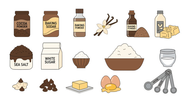 Cooking baking ingredients collection - cocoa powder sugar salt vanilla eggs butter chocolate powder baking soda extracts