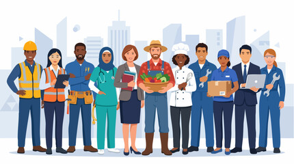 Obraz premium Diverse Workforce Illustration: A vibrant illustration showcases a diverse group of professionals, representing various occupations from construction and healthcare to agriculture and technology.